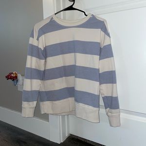 purple and white crewneck